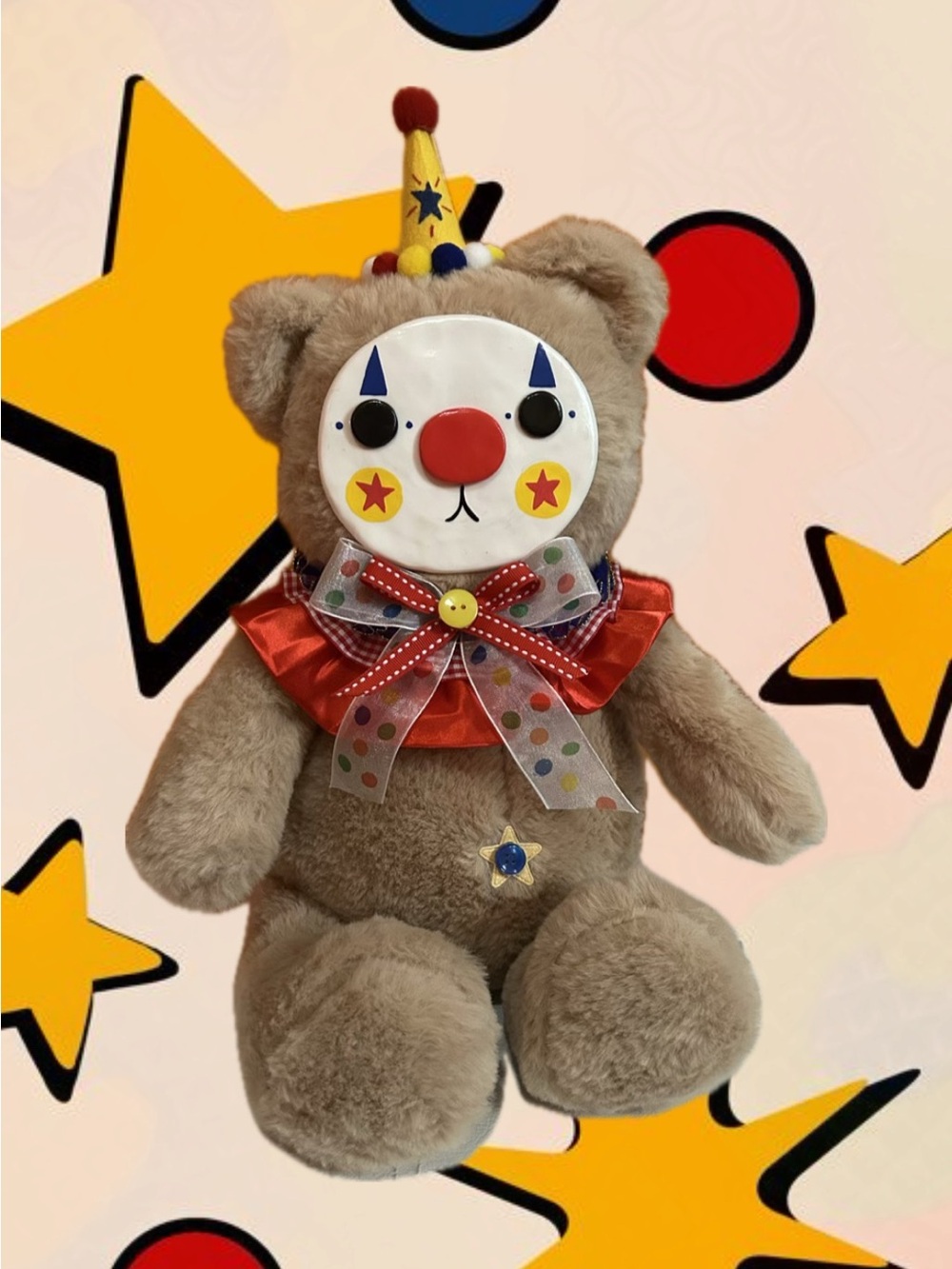 Clown Face Beige Plush Bear with Red Collar - Kids Stuffed Animal